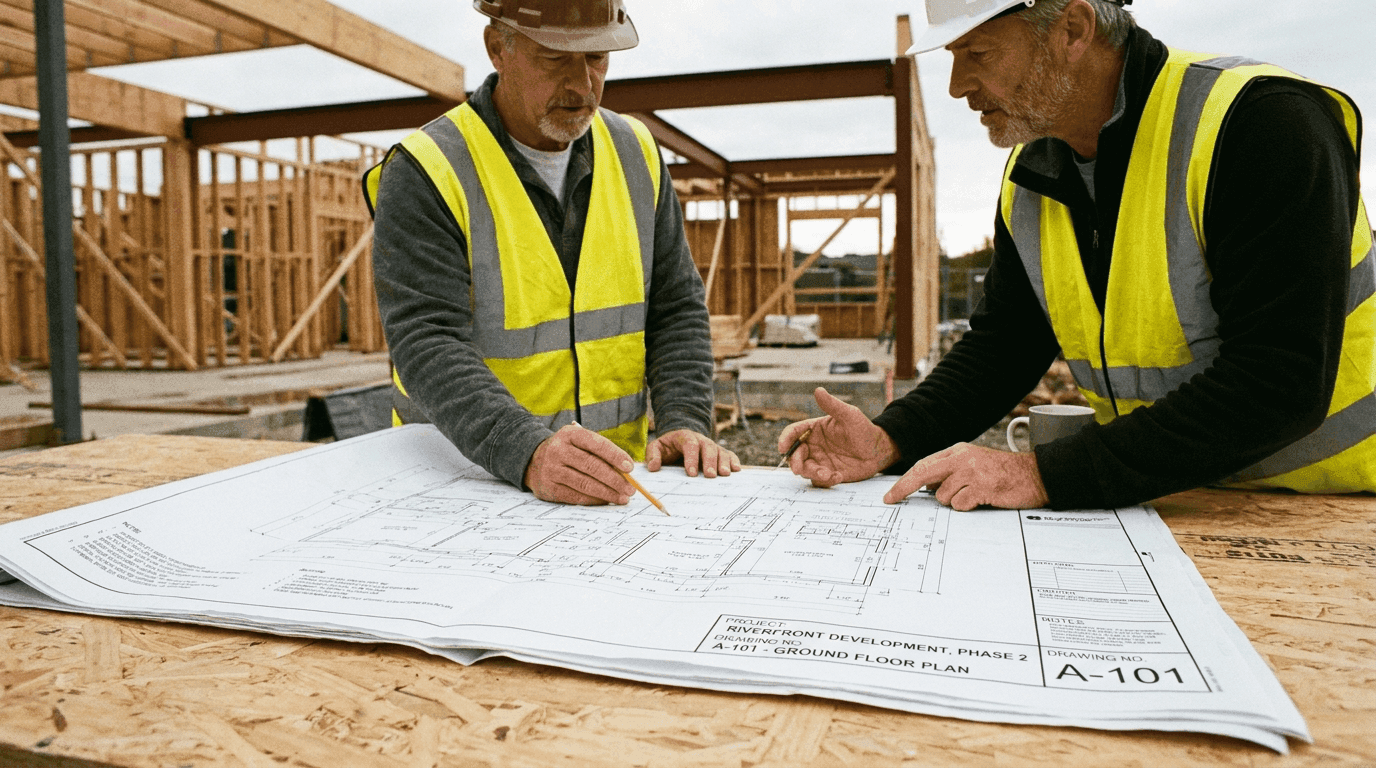 Bihn Construction principals reviewing plans on an Upstate South Carolina job site