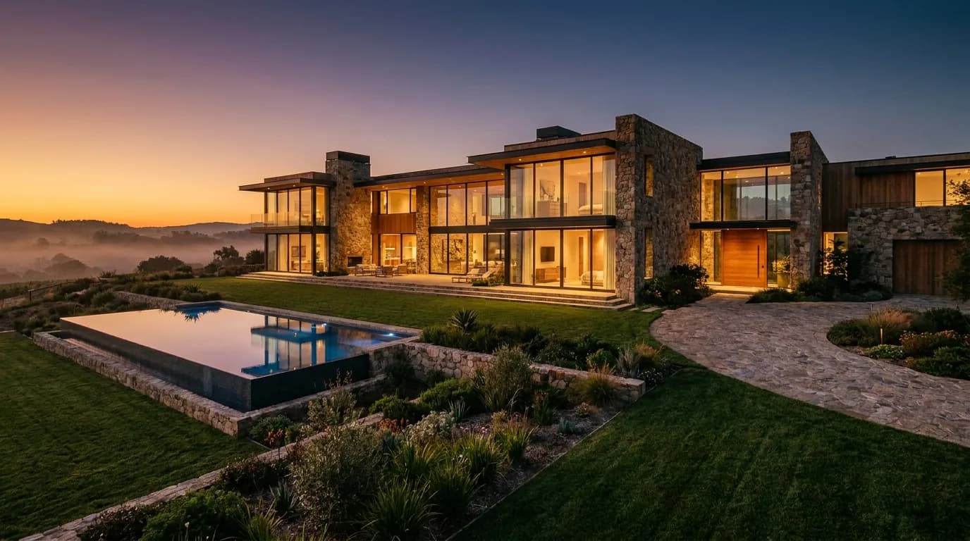 A finished custom dream home glowing at golden hour in Upstate South Carolina