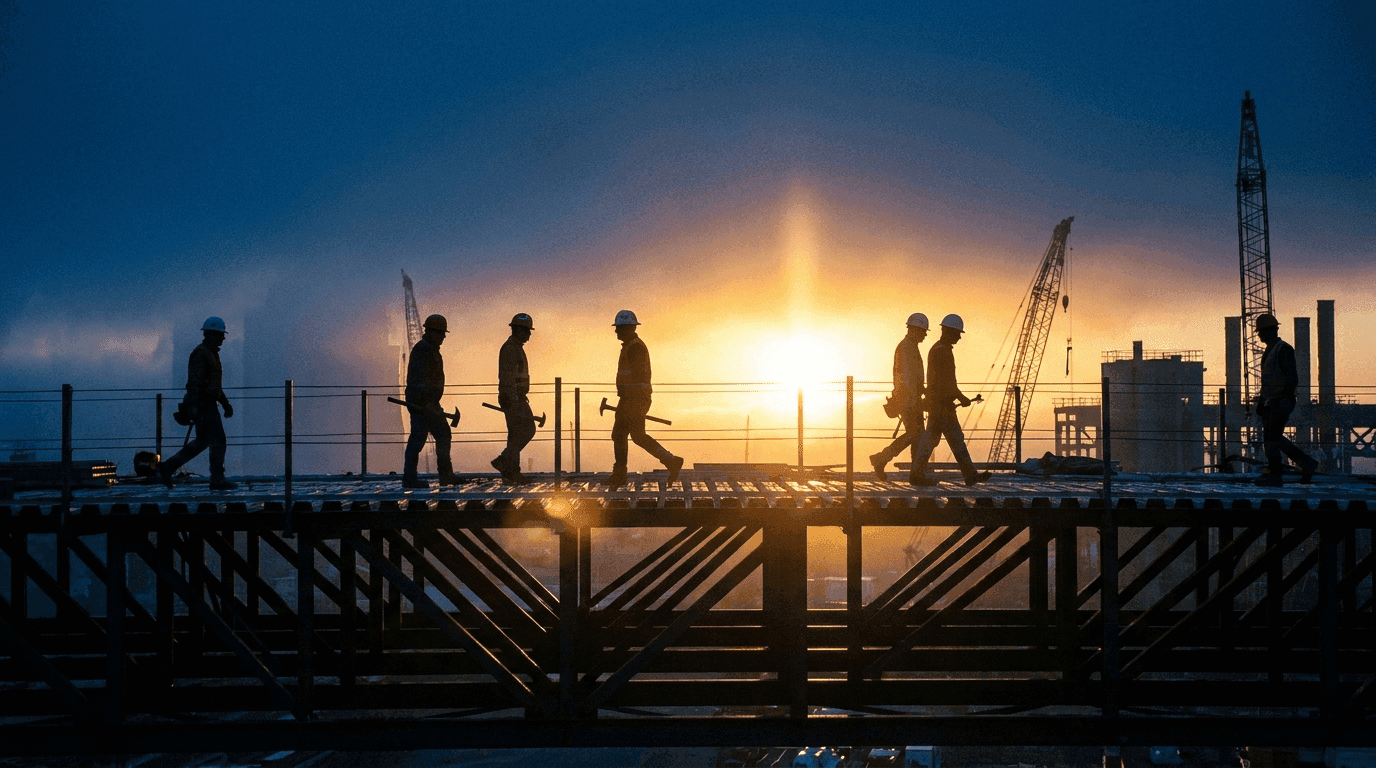 Bihn Construction crew silhouettes at sunrise on an Upstate South Carolina job site