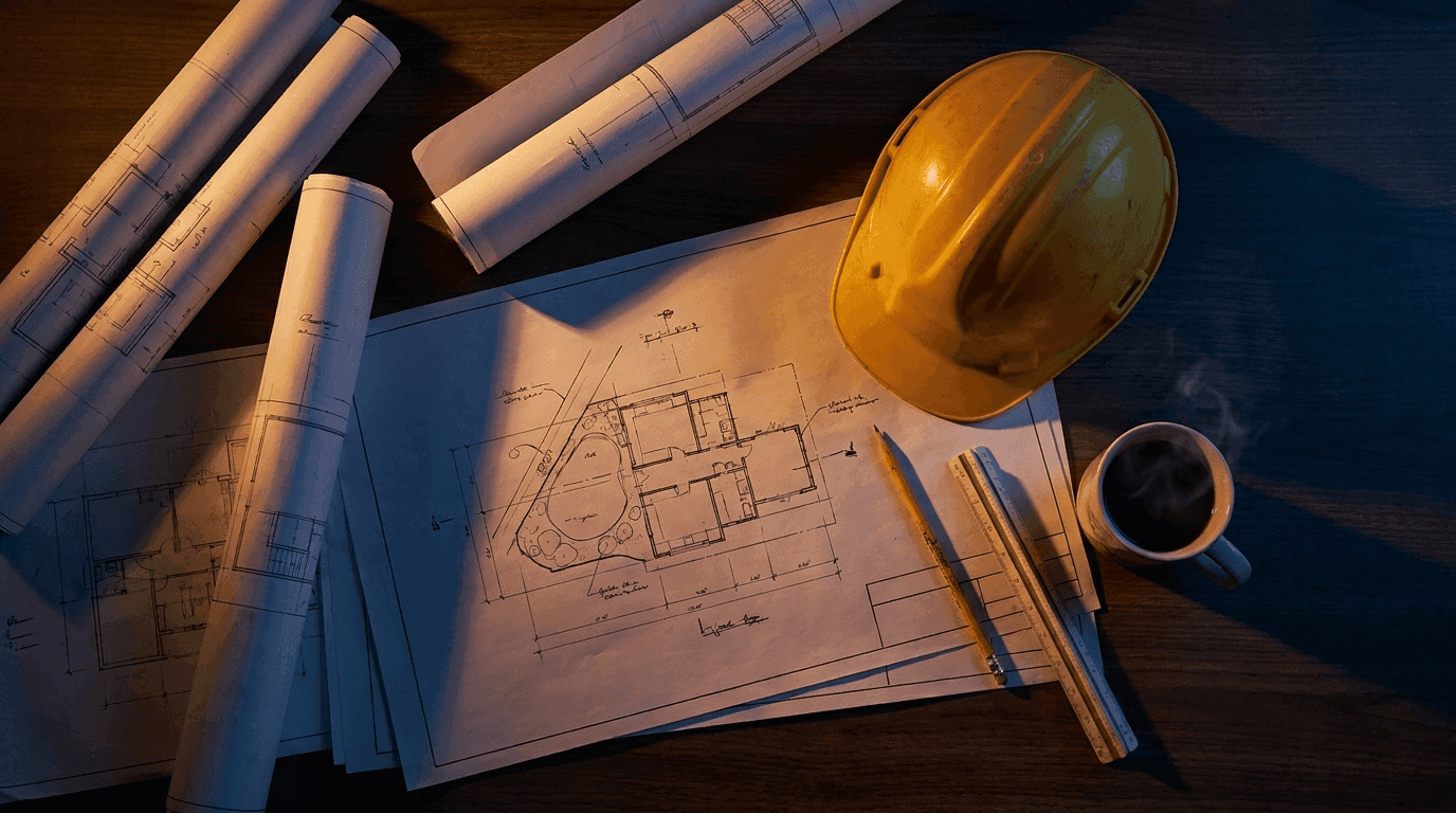 Glowing architectural blueprint of a structural build in the Bihn Construction process