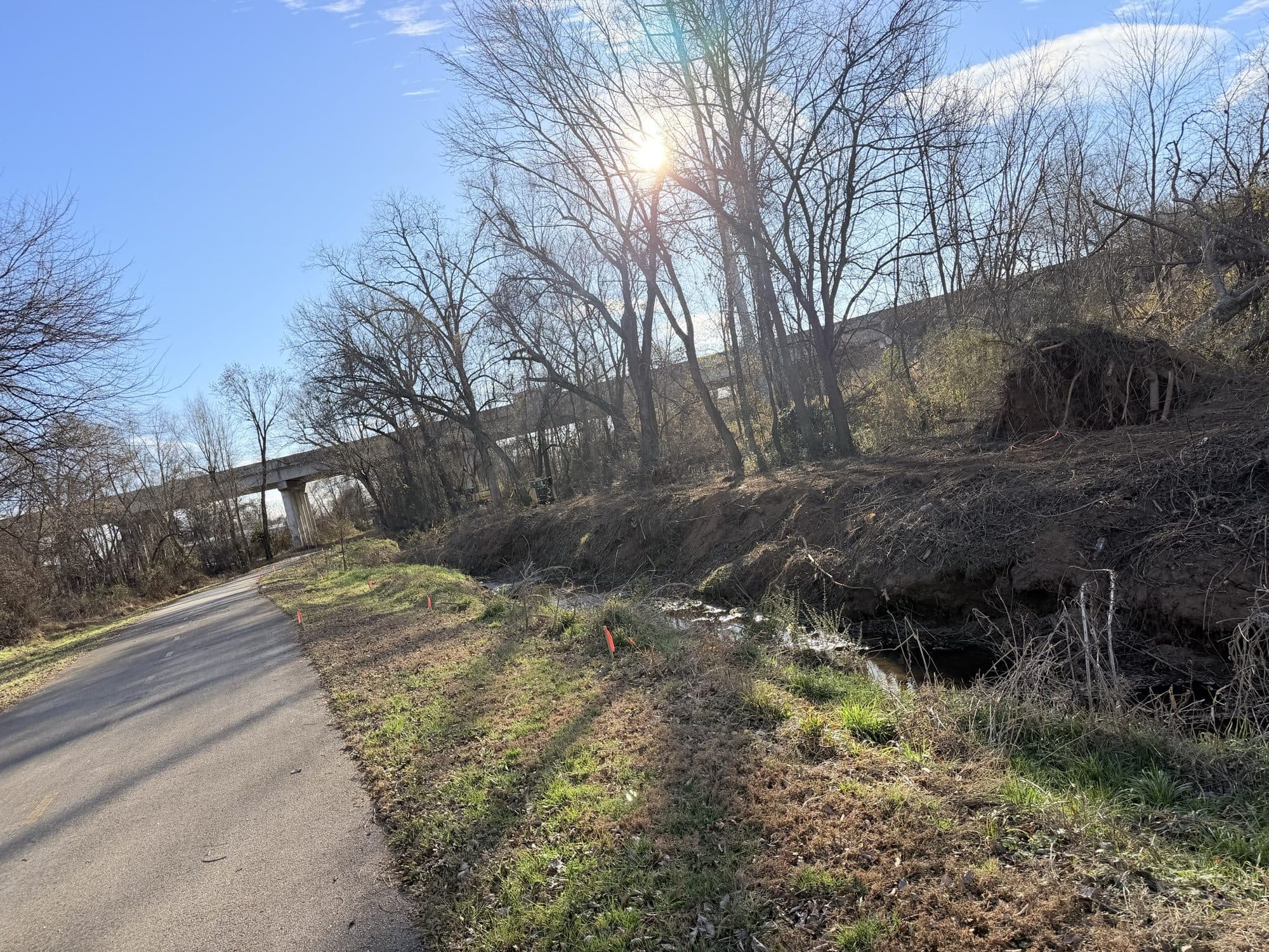 The eroded Cripple Creek channel before the work, cut into bare failing banks beside the greenway trail