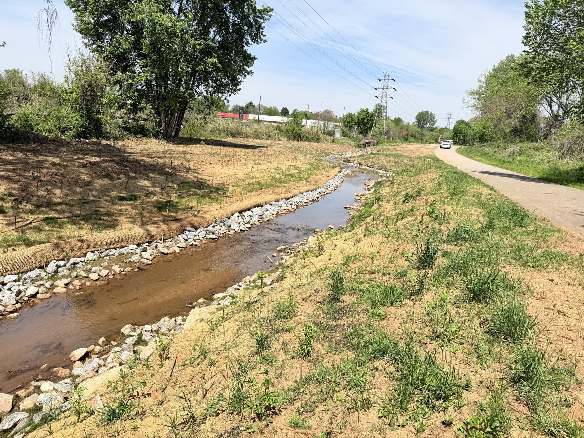 The reclaimed reach with a defined channel, rock through the bend, and grass established on the laid-back bank