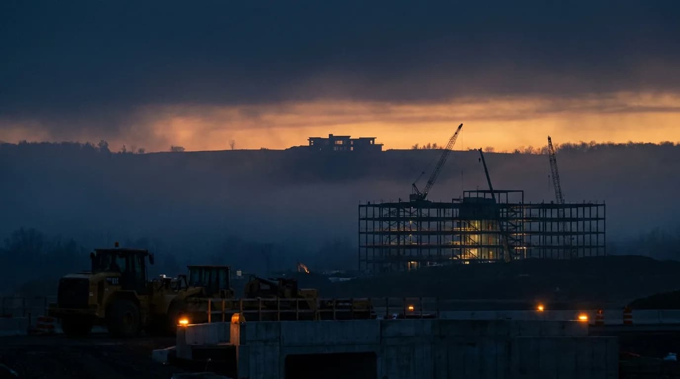 Steel frame rising on an Upstate South Carolina job site at golden hour